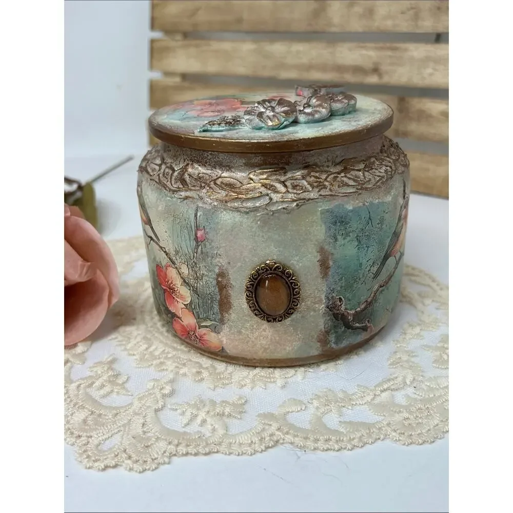 Vintage-Style Decorative Bird Floral Jewelry Jar - Mint & Pink